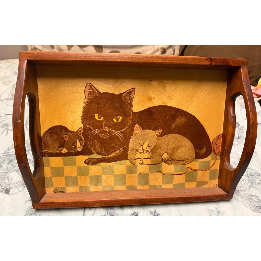 Vintage 1980 Wooden Cat Serving Tray Hand Painted Black Cat & Kittens Folk Art